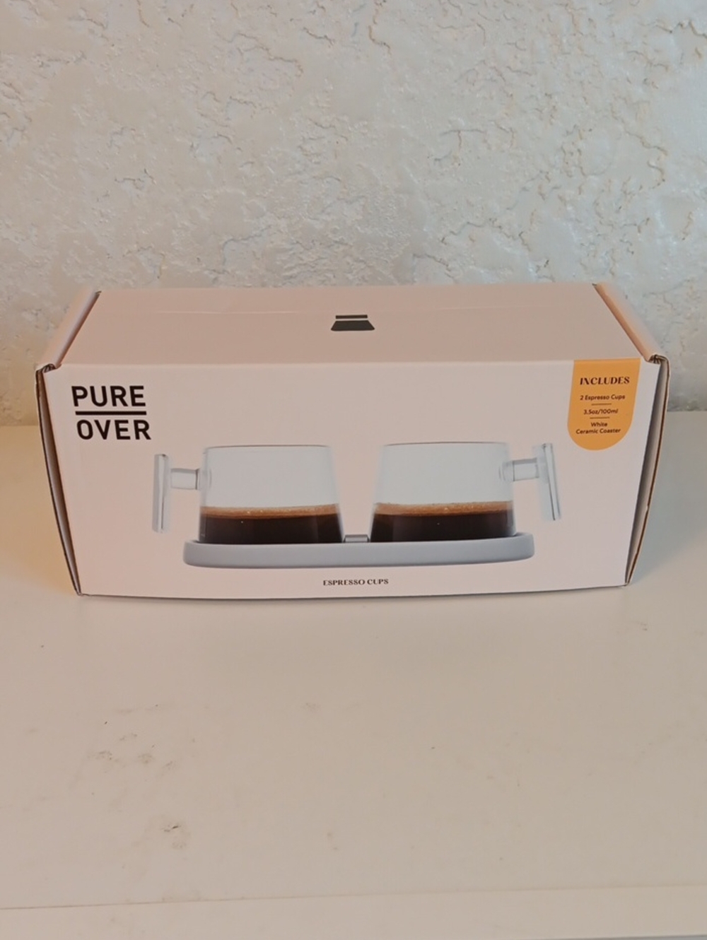 Pure Over White Espresso Cups Set - 2 Glass Cups with Tray